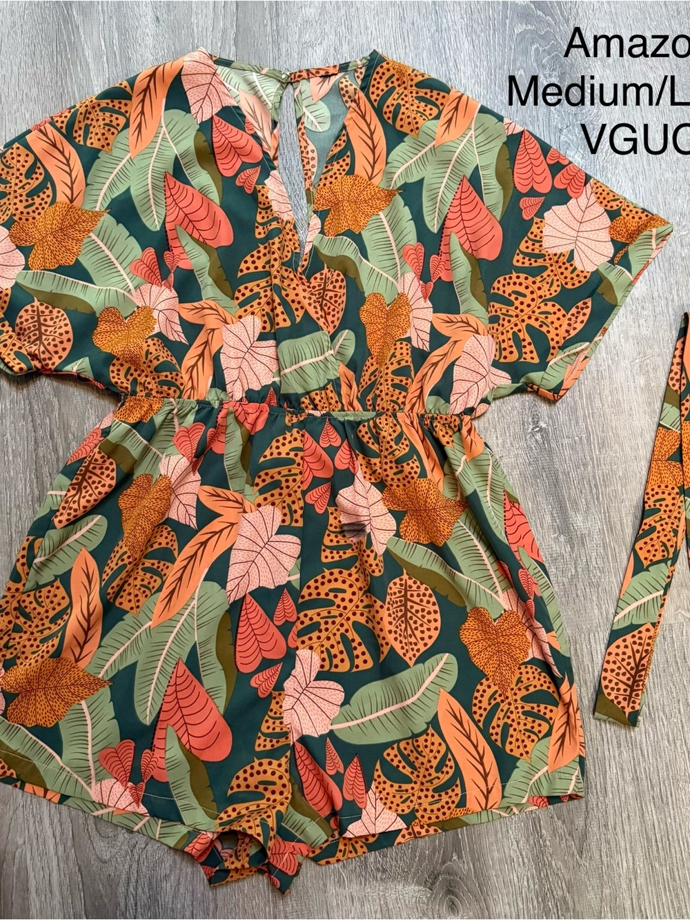Tropical Leaf Print V-Neck Romper in Green & Coral Womens med/large tie waist